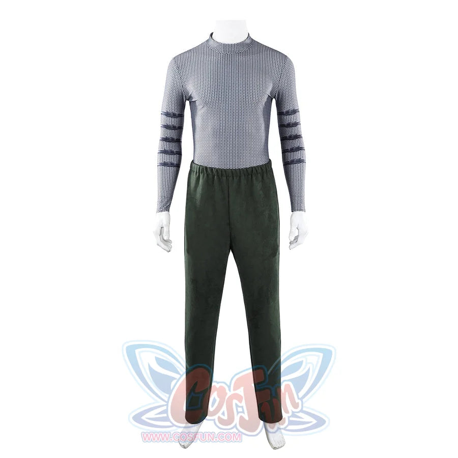 Doom Victor von Doom cosplay costume sets the gray knit underlayer above green pants.
