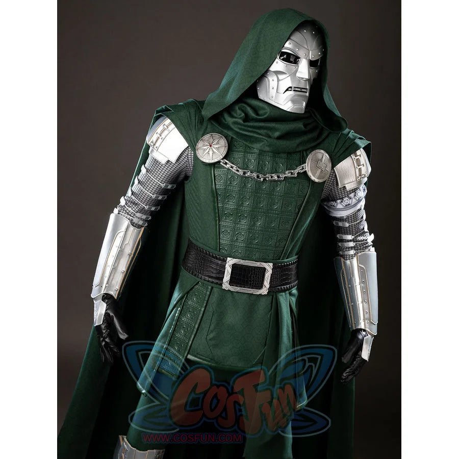 Victor Von Doom cosplay costume crops closer to the hooded cape over green armor panels beside gauntlets.