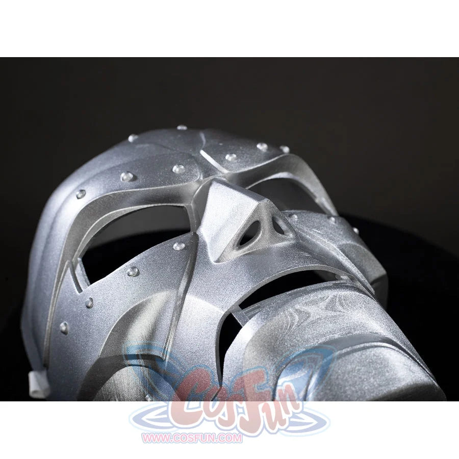 Victor Von Doom cosplay mask angled detail traces the raised nose bridge between eye cutouts and riveted brow.