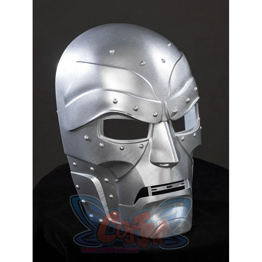 Victor Von Doom cosplay mask angles the silver-tone brow above cheek panels and a raised nose bridge.