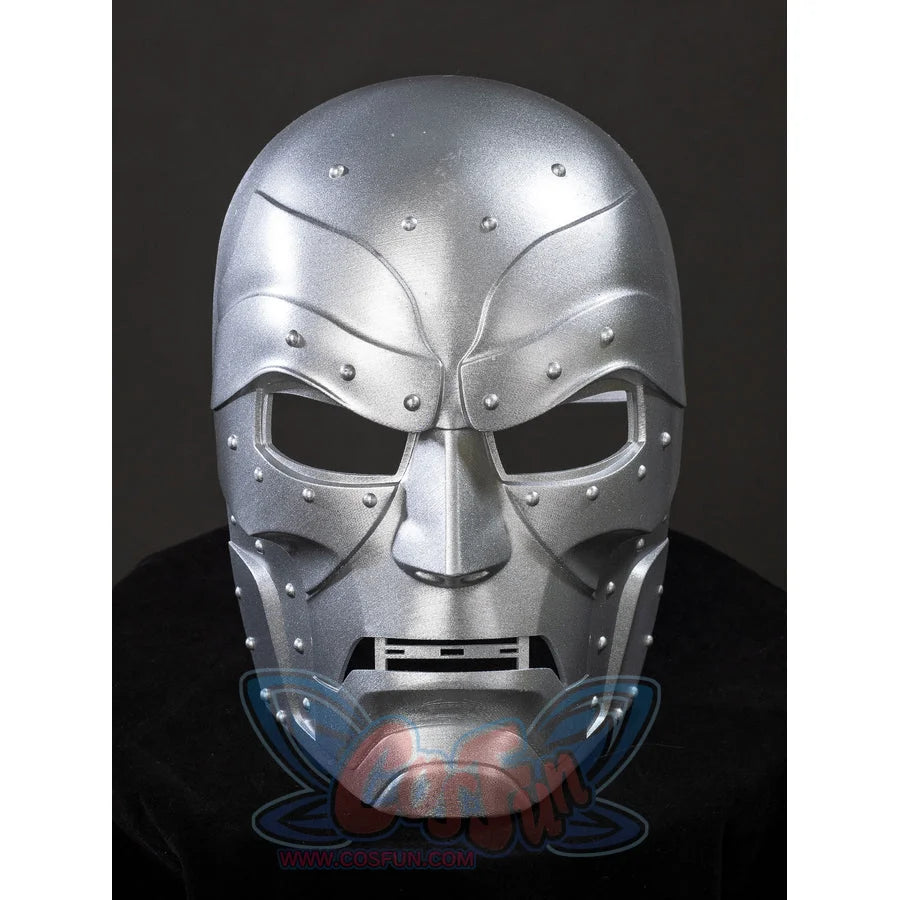 Victor Von Doom cosplay mask front view centers silver-tone face panels around cutout eyes and rivet details.