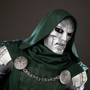 COSFUN Victor Von Doom cosplay mask sits beneath a green patterned hood with silver-tone riveted face panels.
