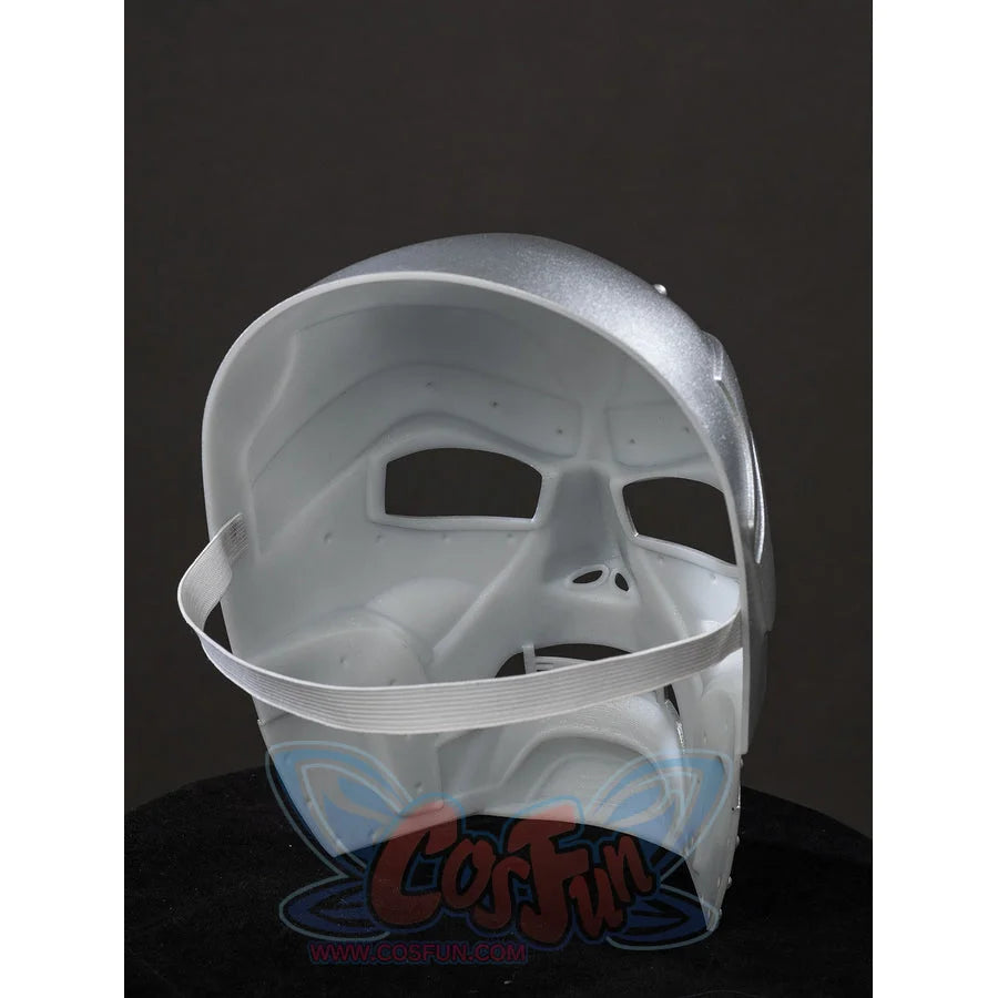 Victor Von Doom cosplay mask interior view reveals molded white backing and a fitted elastic strap.