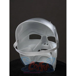 Victor Von Doom cosplay mask interior view reveals molded white backing and a fitted elastic strap.