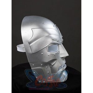 Victor Von Doom cosplay mask side profile curves from the riveted brow to layered cheek and jaw panels.