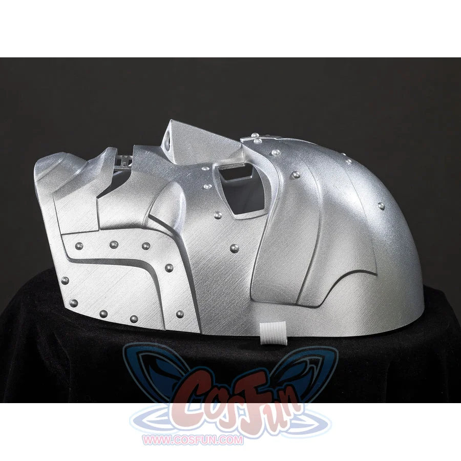 Victor Von Doom cosplay mask side view lays the raised nose bridge over cheek plates and a riveted shell.