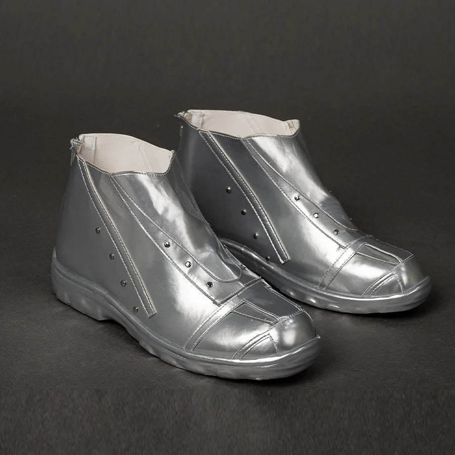 COSFUN Victor Von Doom cosplay shoes angle metallic silver-tone uppers with side rivets and paneled toes.