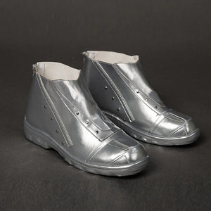 COSFUN Victor Von Doom cosplay shoes angle metallic silver-tone uppers with side rivets and paneled toes.