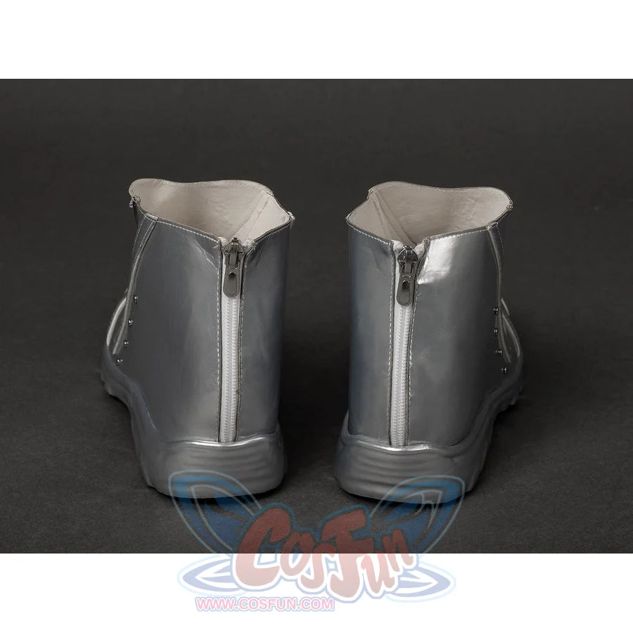 Victor Von Doom cosplay shoes back view centers silver-tone heel panels and rear zipper closures.