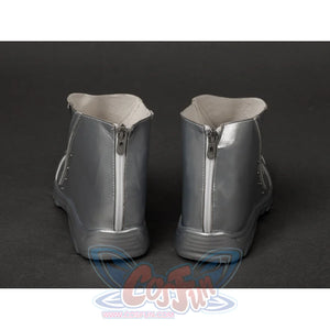 Victor Von Doom cosplay shoes back view centers silver-tone heel panels and rear zipper closures.
