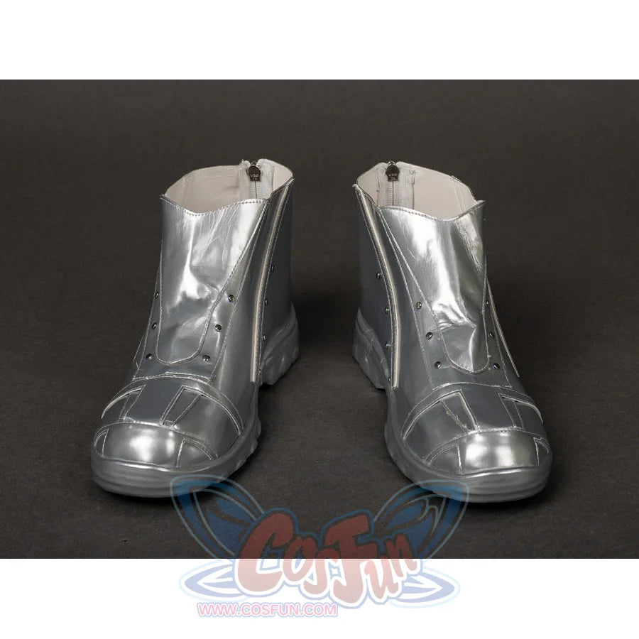 Victor Von Doom cosplay shoes front view pairs silver-tone paneled toes with riveted ankle uppers.
