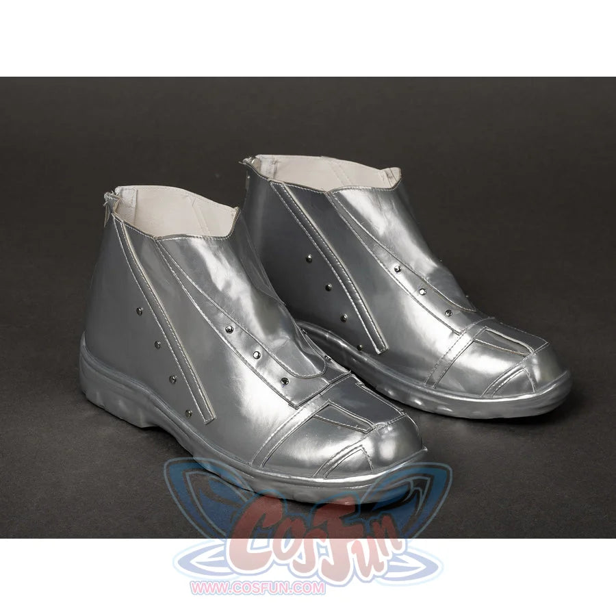 Victor Von Doom cosplay shoes angle low silver-tone uppers with side rivets and structured toe panels.