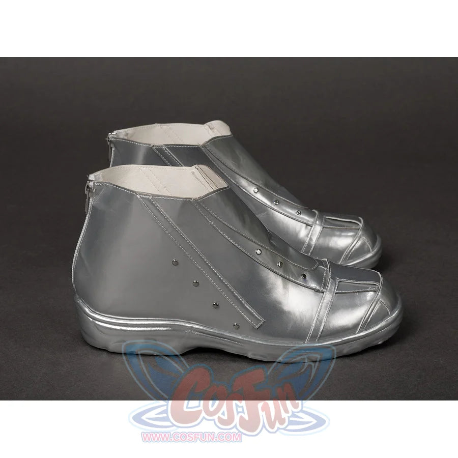 Victor Von Doom cosplay shoes side profile curves silver-tone faux leather panels around the ankle.