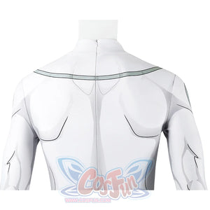 Back shoulder detail of Mark cosplay from Invincible bodysuit with gray lines and pale green trim