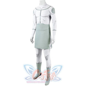 Angled view of Mark cosplay from Invincible bodysuit with white body print and pale green waist panel