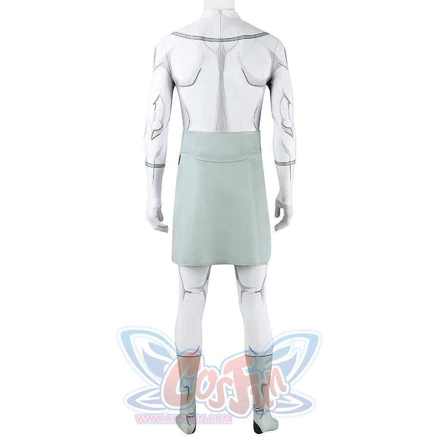 Back view of Mark cosplay from Invincible bodysuit with gray line print, green waist panel, and lower legs