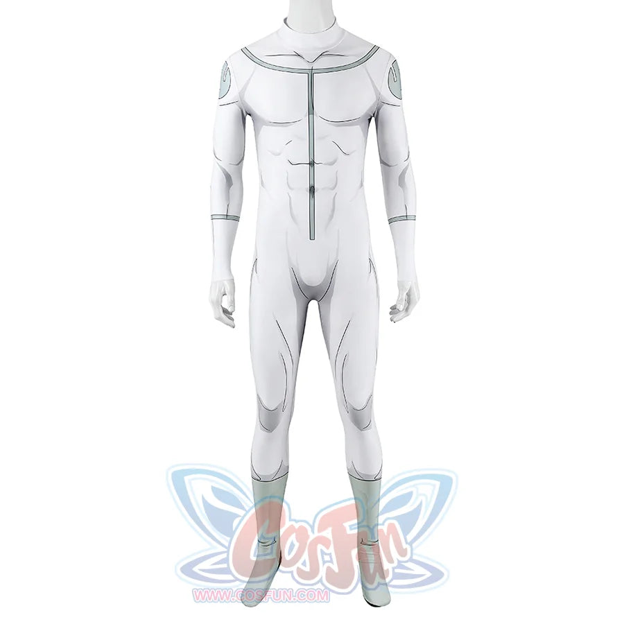 Front view of Mark cosplay from Invincible bodysuit without waist panel, showing white printed lines