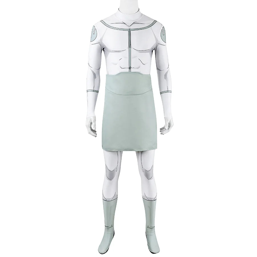 Front view of Mark cosplay from Invincible bodysuit with white print, pale green waist panel, and lower legs
