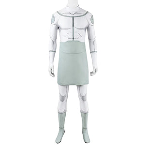 Front view of Mark cosplay from Invincible bodysuit with white print, pale green waist panel, and lower legs