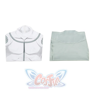 Flat lay of Mark cosplay from Invincible bodysuit pieces with upper suit section and green waist panel