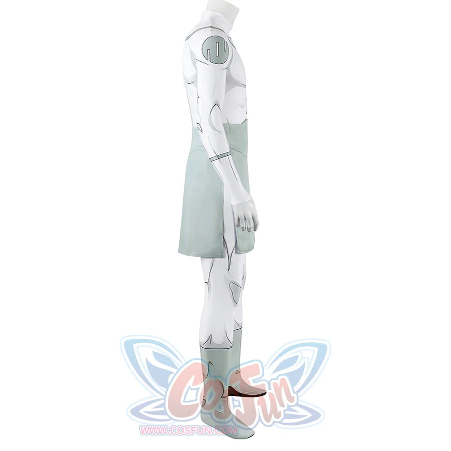 Side view of Mark cosplay from Invincible bodysuit with shoulder emblem, green waist panel, and lower leg