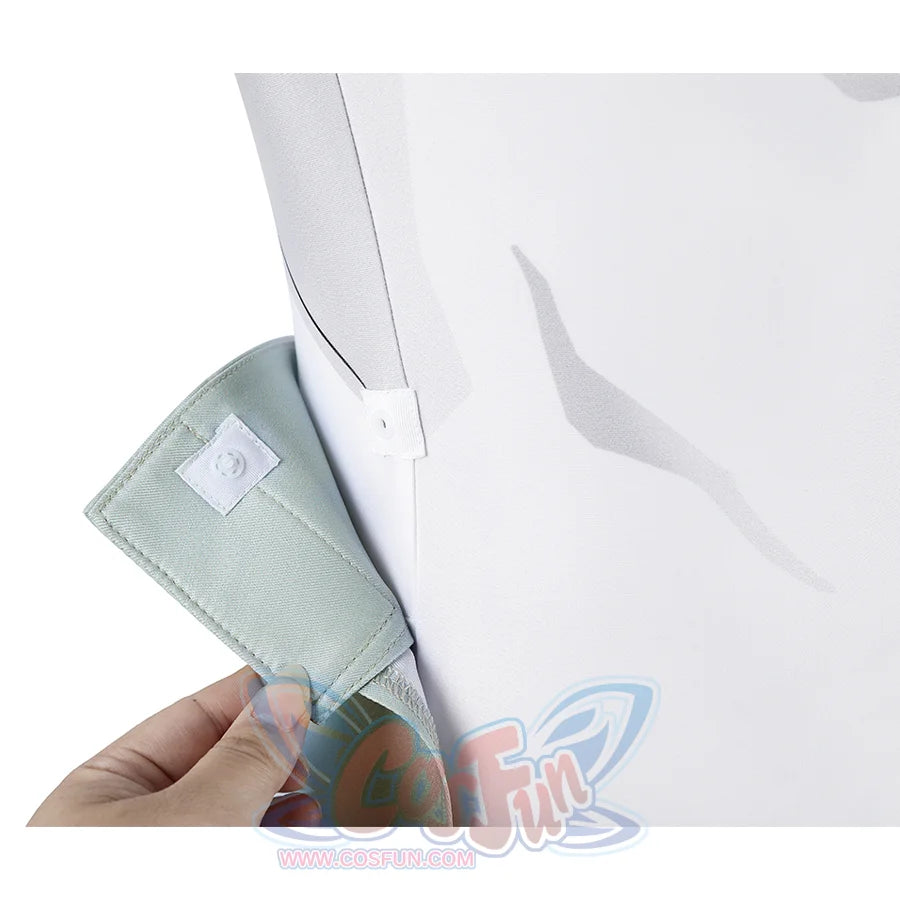 Close-up of Mark cosplay from Invincible pale green cuff or strap piece with white fastening patch