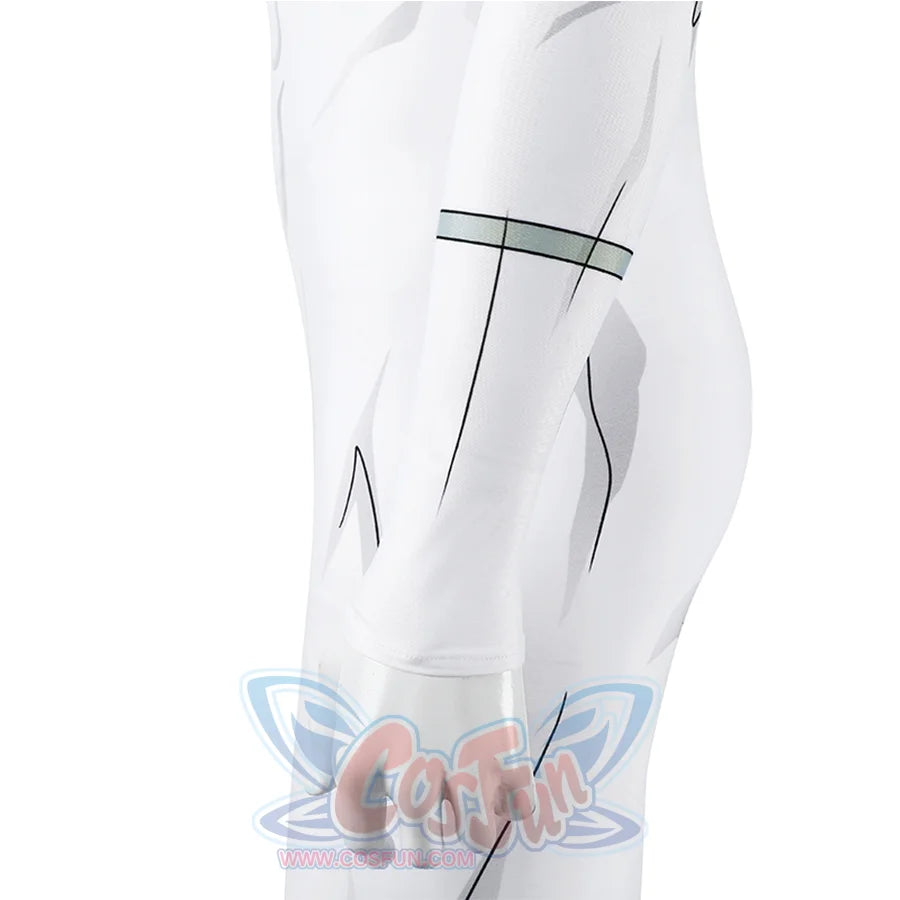 Side hip detail of Mark cosplay from Invincible bodysuit with white print and narrow pale green band