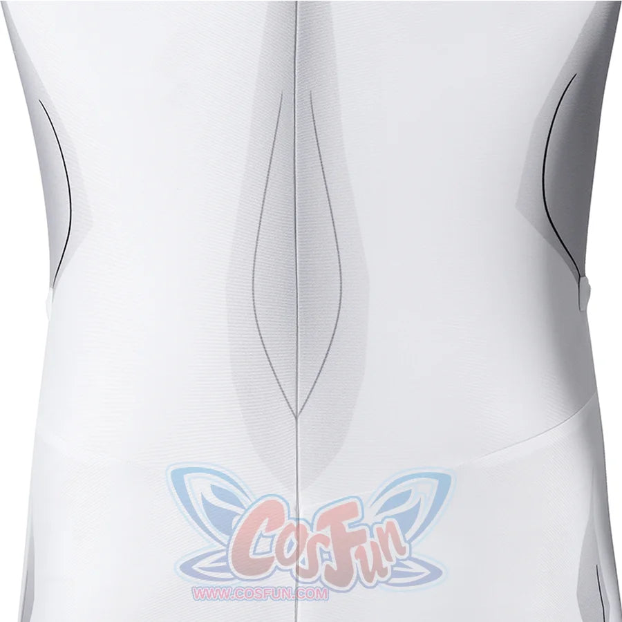 Back lower detail of Mark cosplay from Invincible bodysuit with central gray shape and side lines