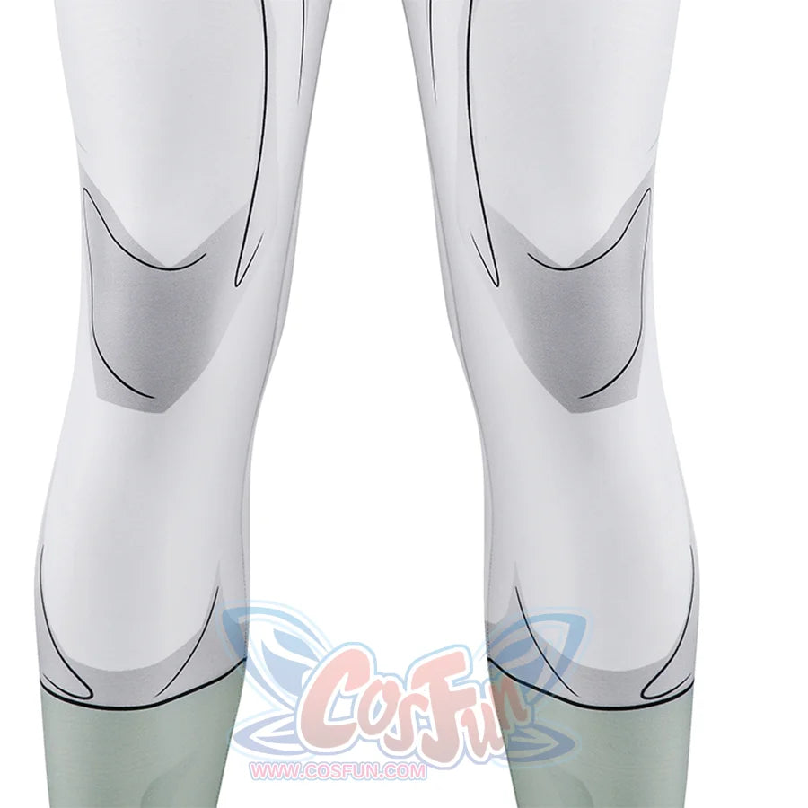 Lower leg detail of Mark cosplay from Invincible bodysuit with gray calf lines and pale green sections