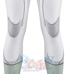 Lower leg detail of Mark cosplay from Invincible bodysuit with gray calf lines and pale green sections