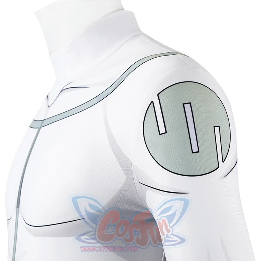 Shoulder detail of Mark cosplay from Invincible bodysuit with pale green emblem and black line accents