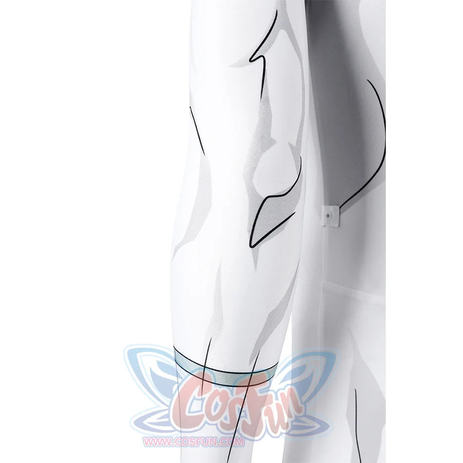 Side leg detail of Mark cosplay from Invincible bodysuit with white fabric and gray contour lines