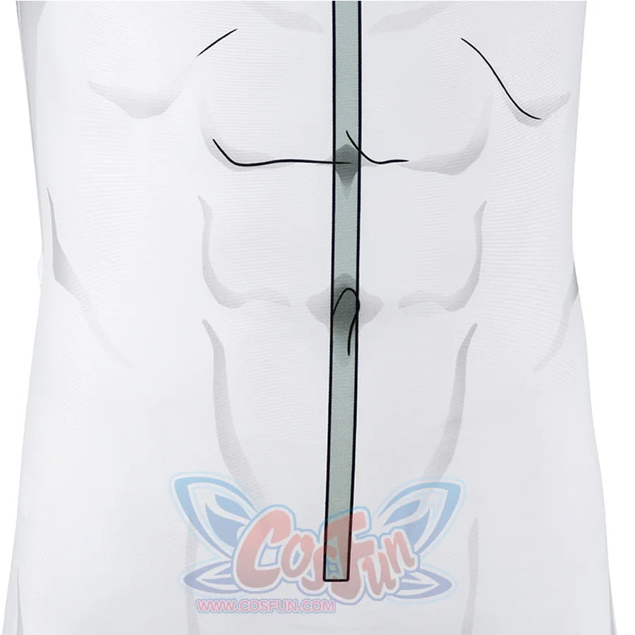 Front torso detail of Mark cosplay from Invincible bodysuit with white fabric and printed muscle lines