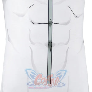 Front torso detail of Mark cosplay from Invincible bodysuit with white fabric and printed muscle lines