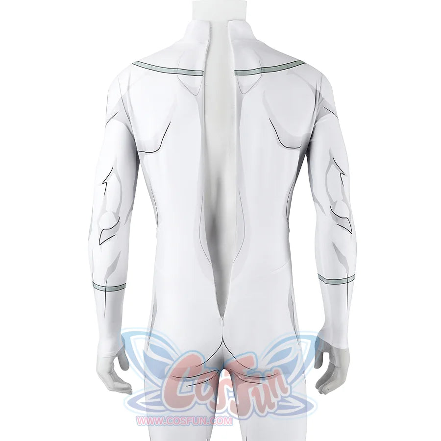 Back upper view of Mark cosplay from Invincible bodysuit with central gray shape and shoulder lines