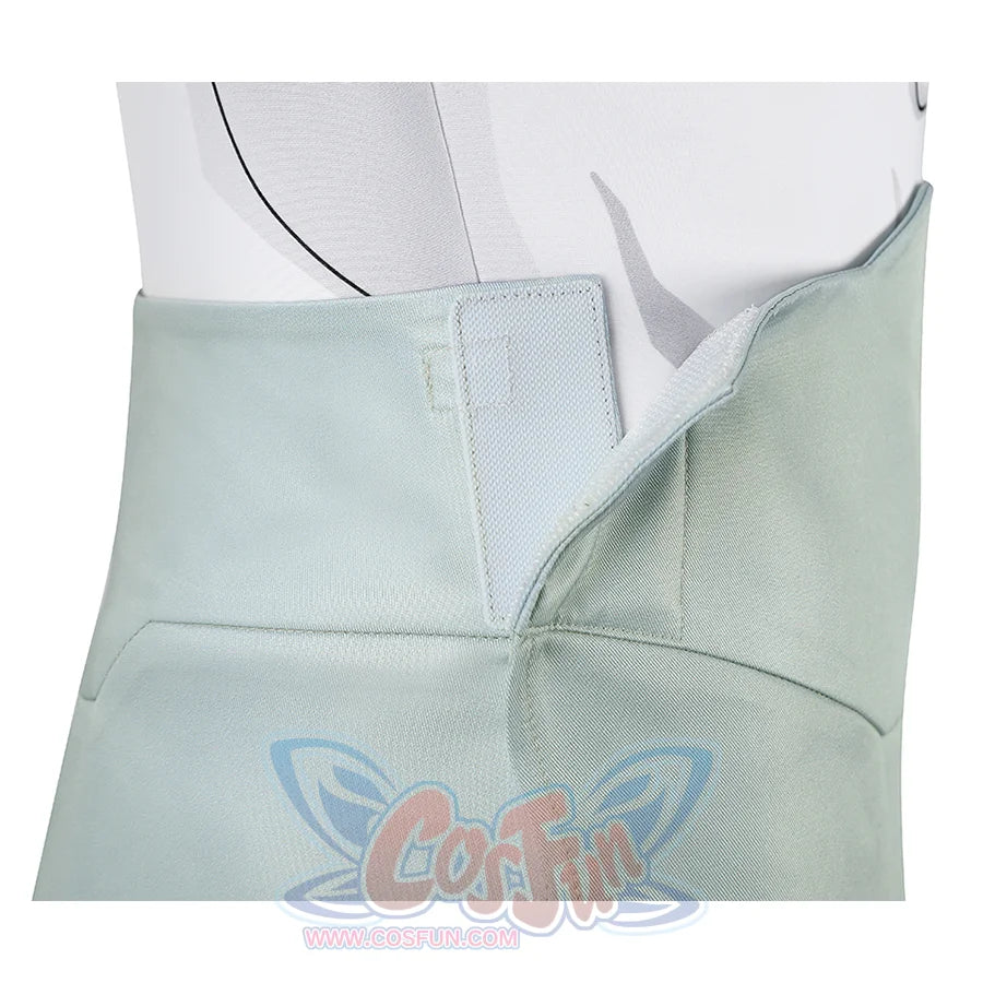 Detail of Mark cosplay from Invincible pale green waist panel opening with visible fastening area