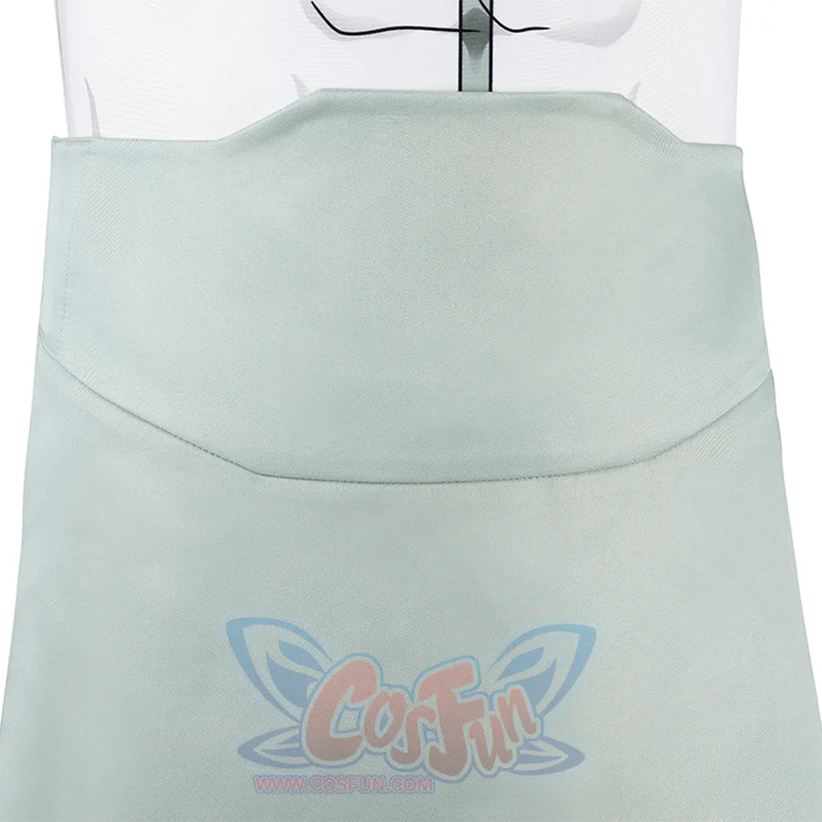 Close-up of Mark cosplay from Invincible pale green waist panel with folded top edge detail