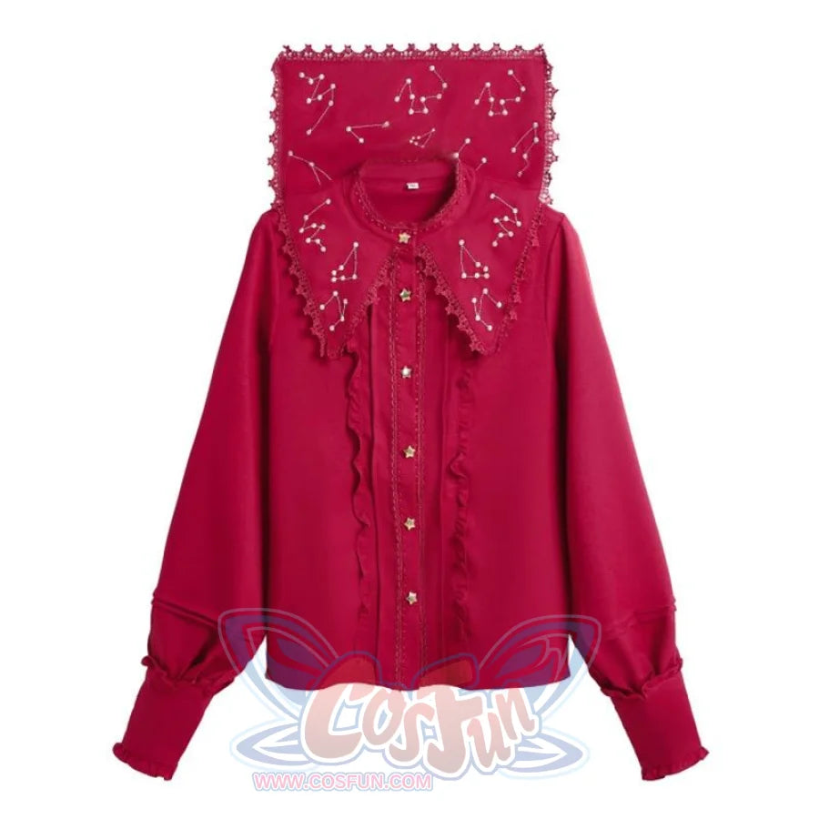 Vintage Constellation Embroidery Ruffle Blouse Burgundy / Xl Shirt