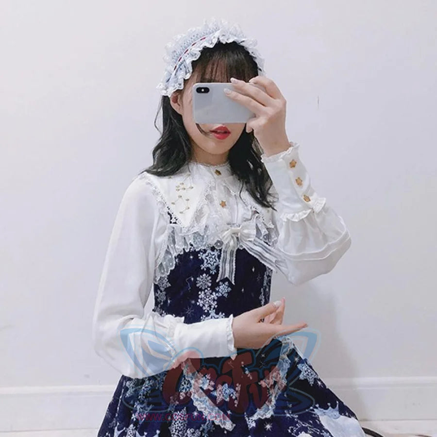 Vintage Constellation Embroidery Ruffle Blouse Shirt