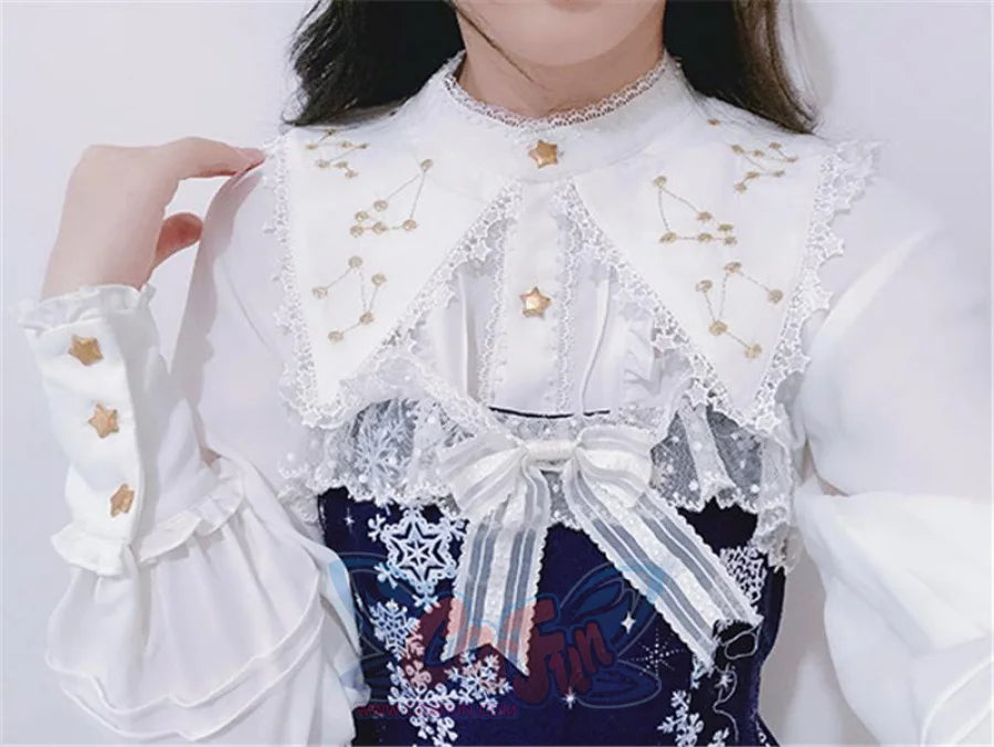 Vintage Constellation Embroidery Ruffle Blouse Shirt