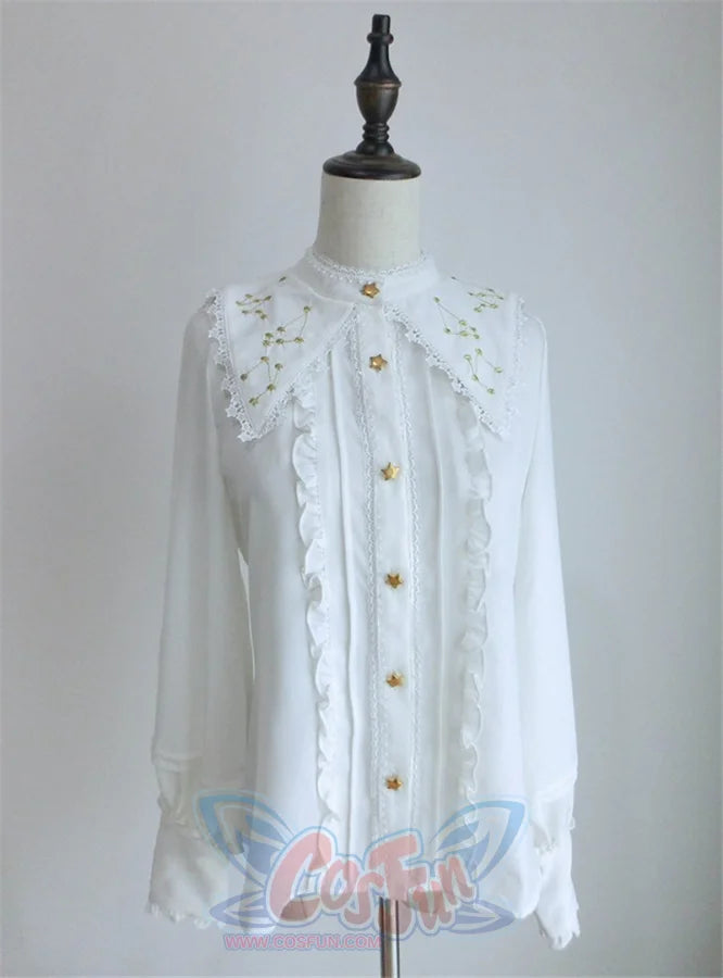 Vintage Constellation Embroidery Ruffle Blouse Shirt