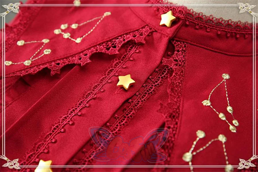 Vintage Constellation Embroidery Ruffle Blouse Shirt