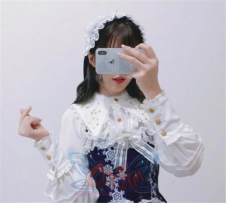 Vintage Constellation Embroidery Ruffle Blouse Shirt