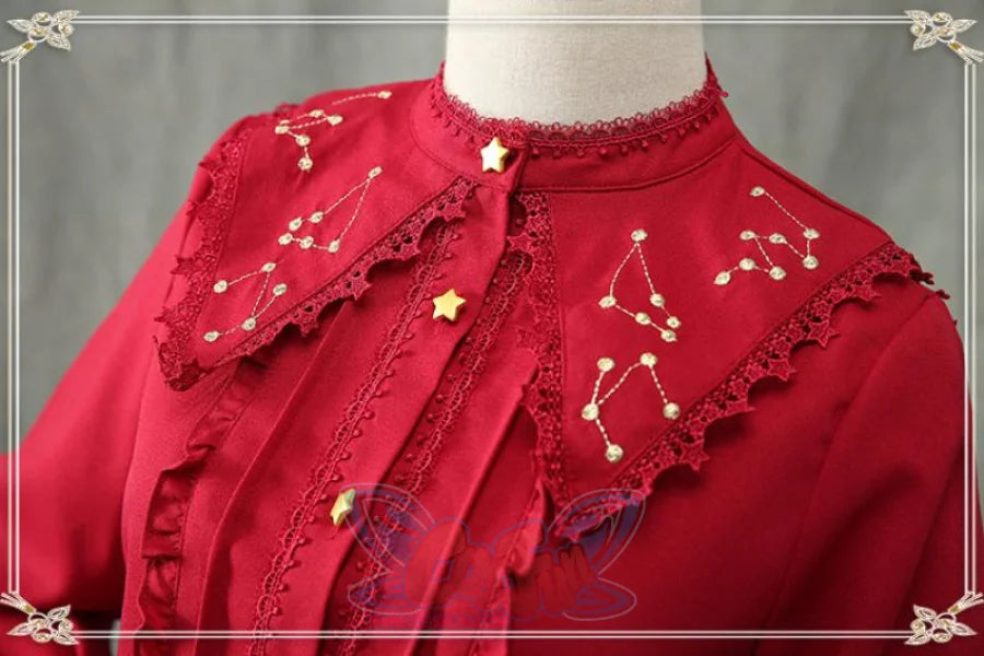 Vintage Constellation Embroidery Ruffle Blouse Shirt