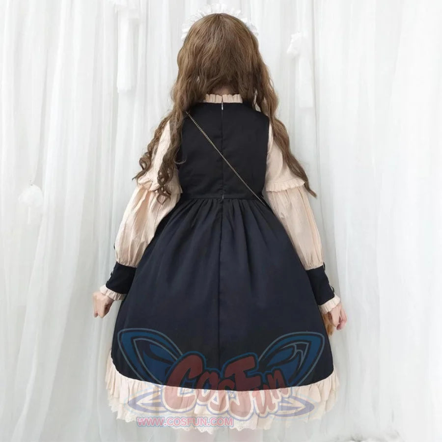 Vintage Lace Up Bow Pleated Frill Nice Clean-Cut Lolita Dress Mp006130