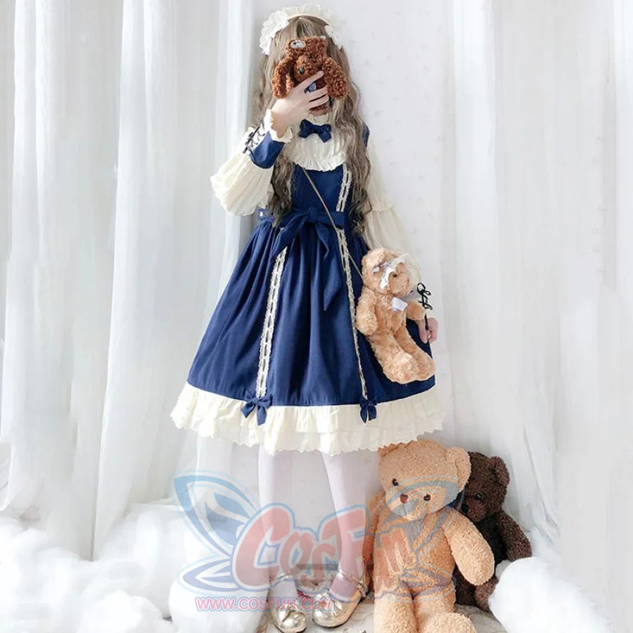 Vintage Lace Up Bow Pleated Frill Nice Clean-Cut Lolita Dress Mp006130