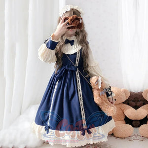 Vintage Lace Up Bow Pleated Frill Nice Clean-Cut Lolita Dress Mp006130 Blue / S