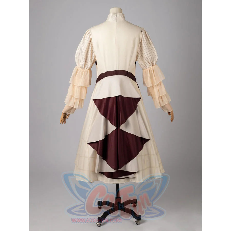 Violet Evergarden cosplay costume back view gathers deep maroon panels over the cream skirt with tiered ruffled sleeves.