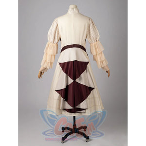 Violet Evergarden cosplay costume back view gathers deep maroon panels over the cream skirt with tiered ruffled sleeves.