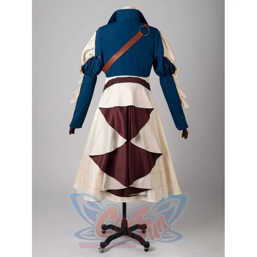 Violet Evergarden cosplay costume centers a blue jacket with a brown belt strap worn over a cream and maroon dress.